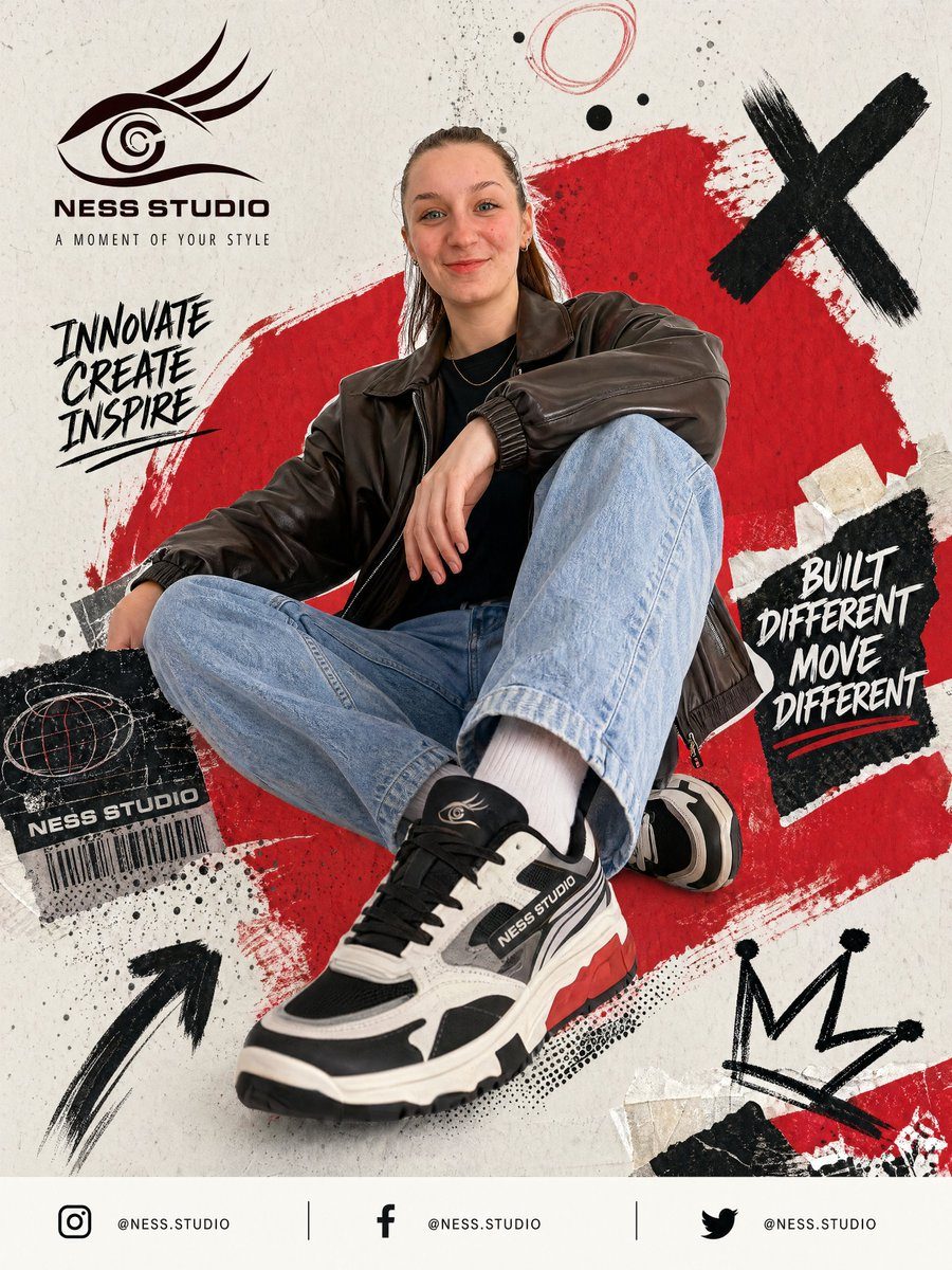NESS STUDIO seated streetwear poster: GPT Image 2 prompt