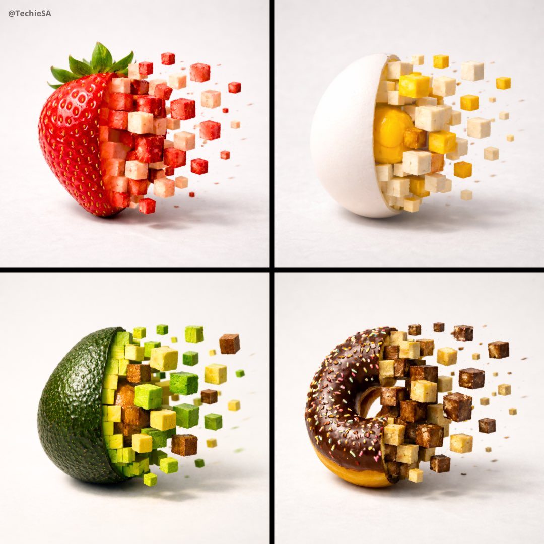 Pixelized 3D food fragmentation: GPT Image 2 prompt