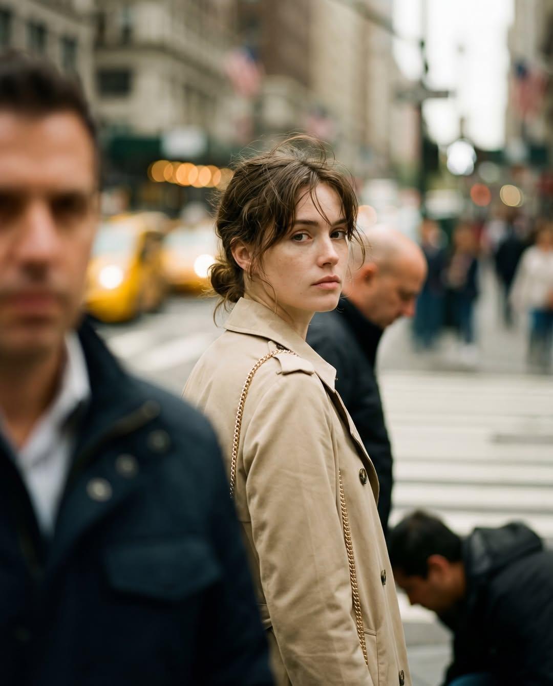 Trench coat crosswalk candid: GPT Image 2 prompt