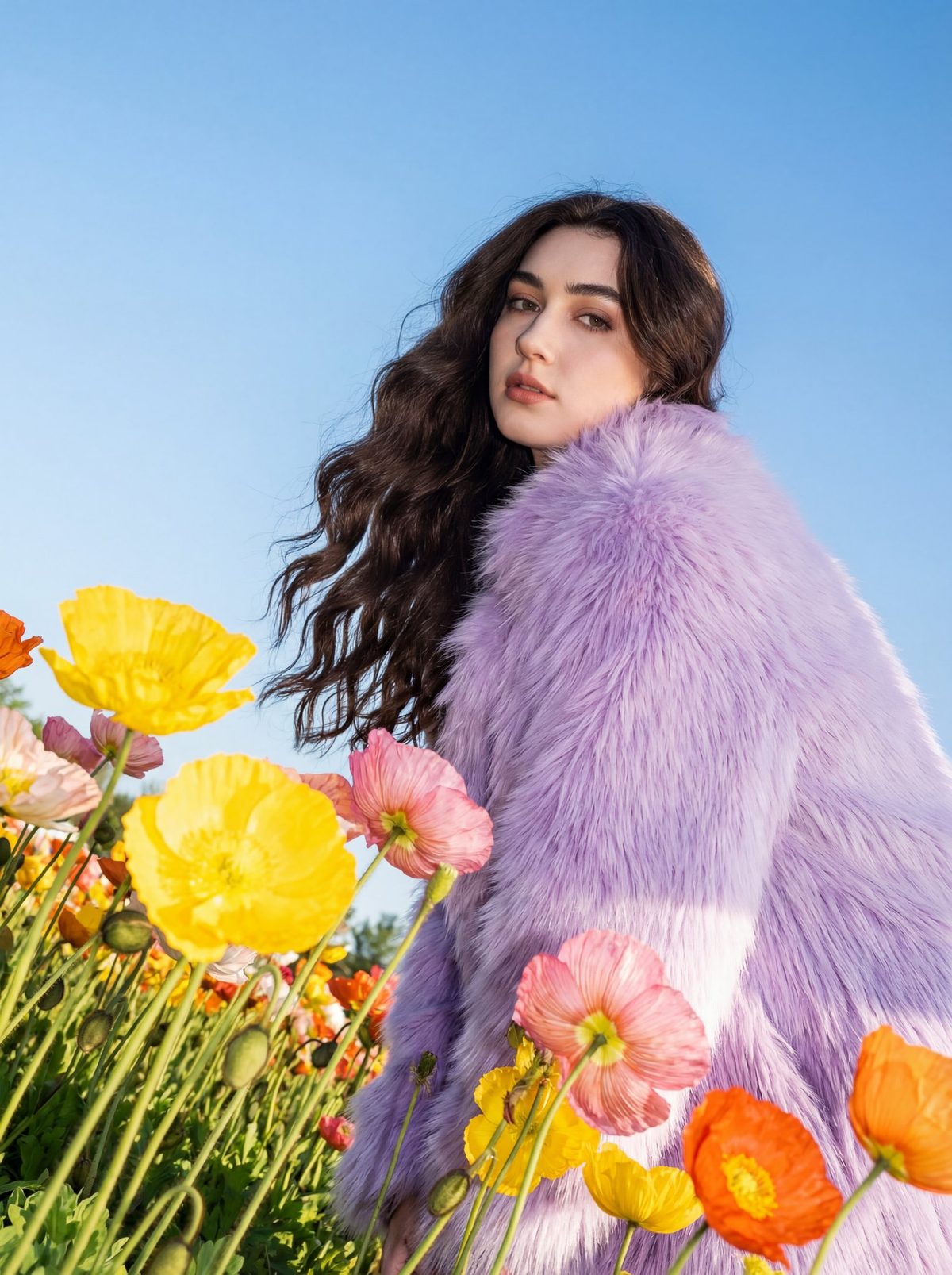 Lavender fur poppy field portrait: GPT Image 2 prompt
