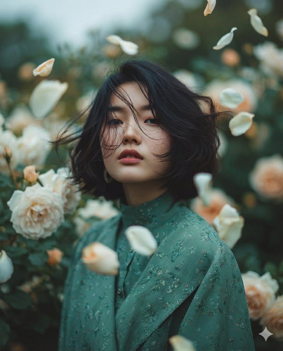 Ethereal garden teal dress portrait: GPT Image 2 prompt