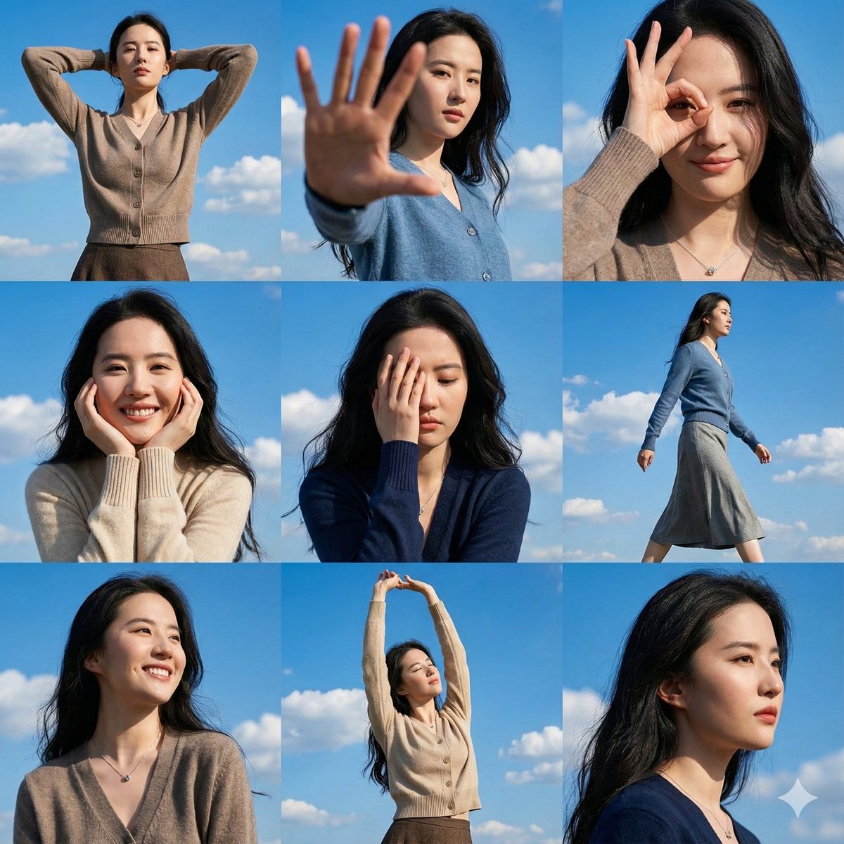 Blue sky 3x3 dynamic pose grid: GPT Image 2 prompt