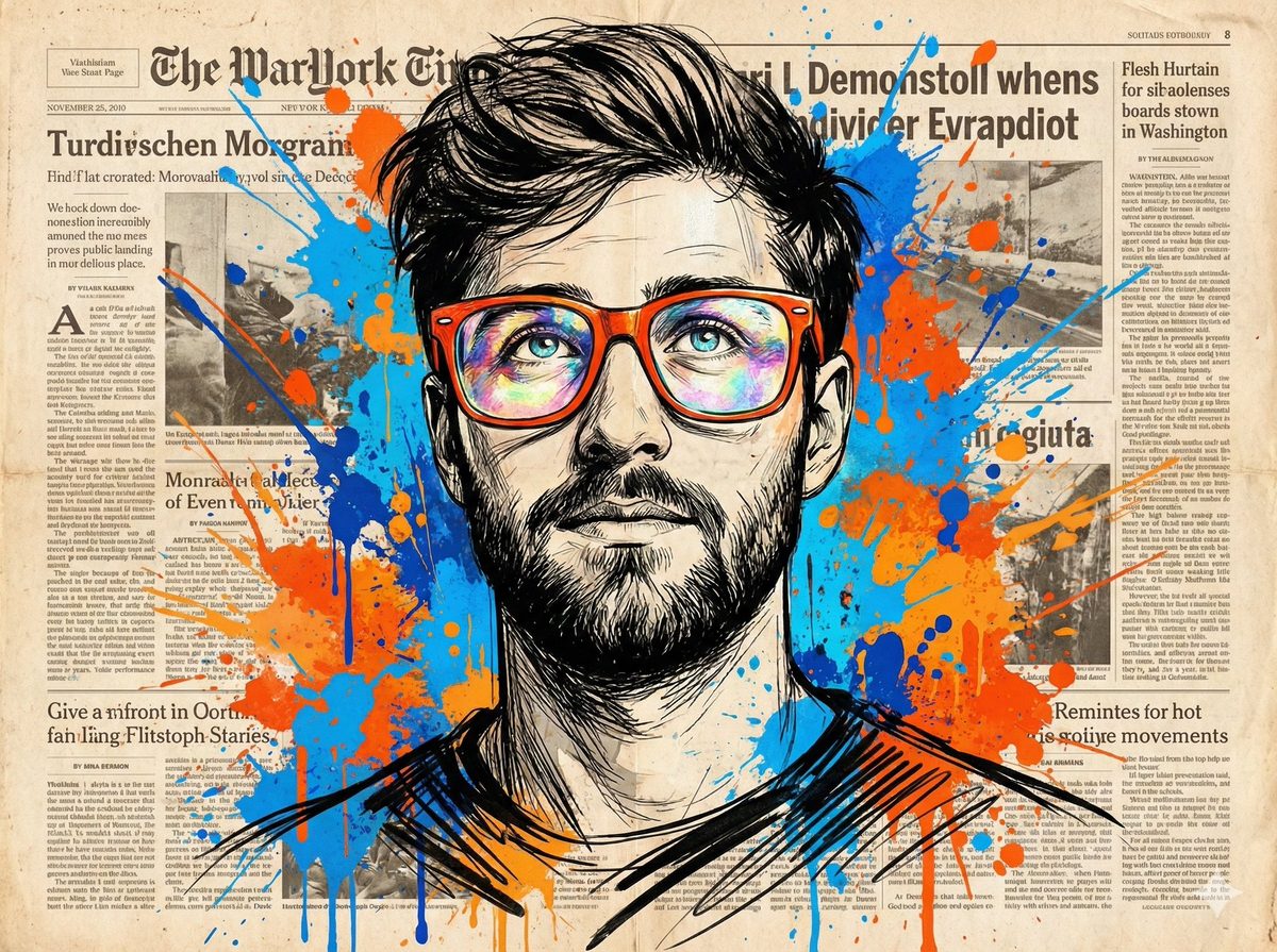 Newspaper sketch glasses portrait: GPT Image 2 prompt