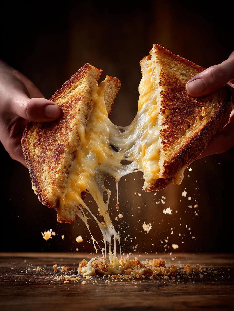 Grilled cheese cheese-pull action shot: GPT Image 2 prompt