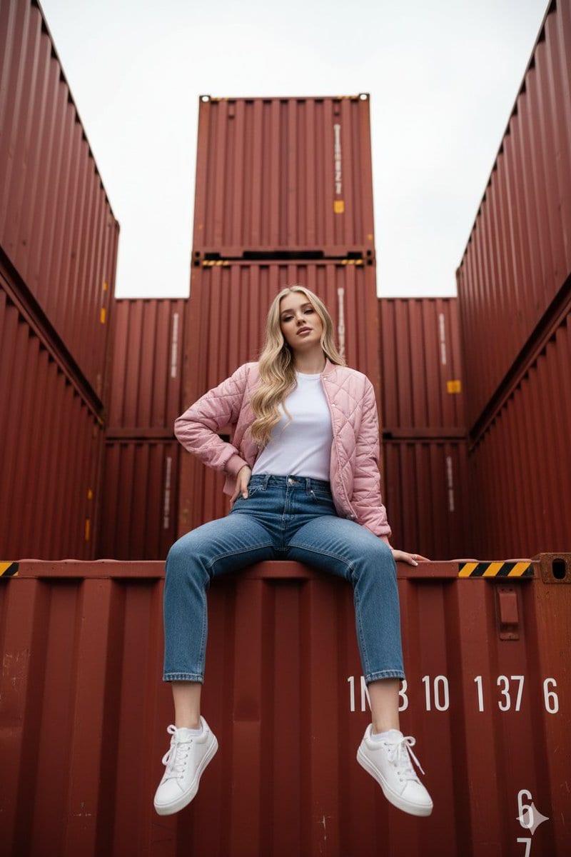 Blonde woman on red shipping container: GPT Image 2 prompt