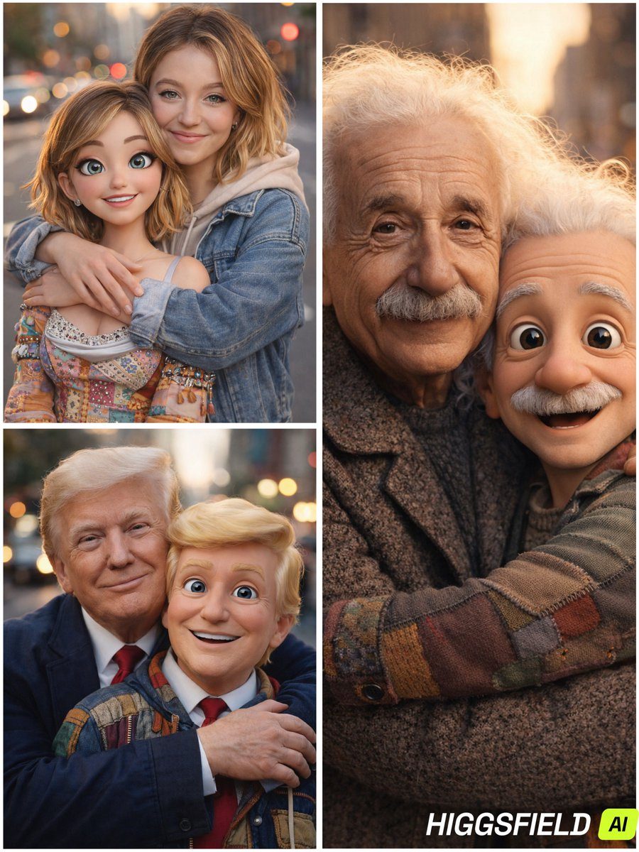 Hyper-real cartoon doppelgänger street hug: GPT Image 2 prompt