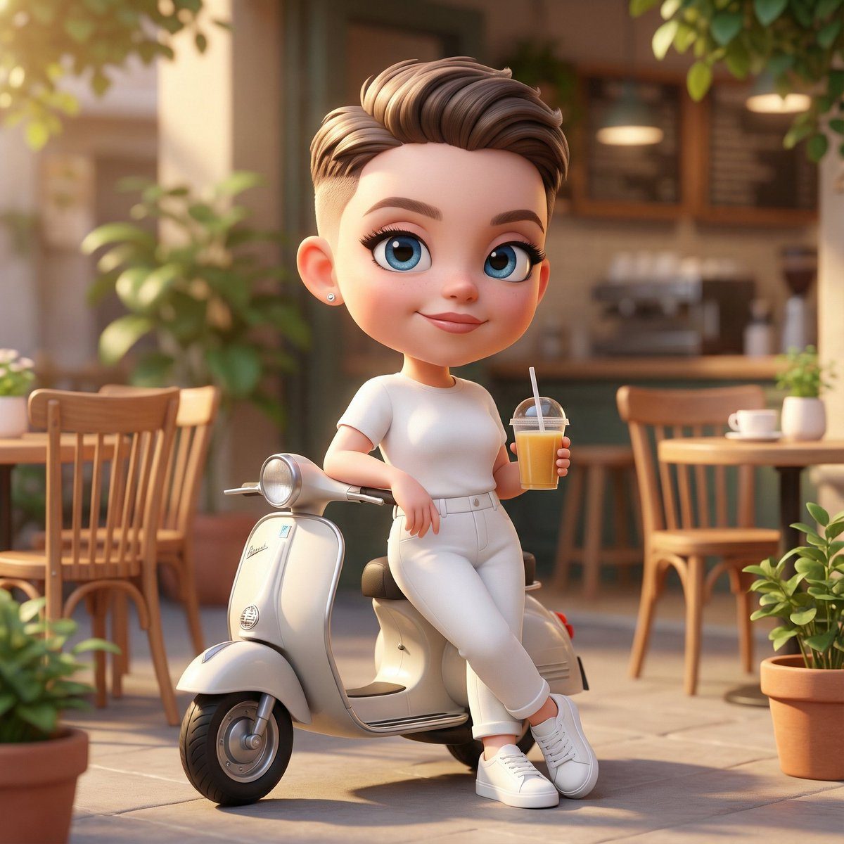Chibi scooter cafe courtyard render: GPT Image 2 prompt