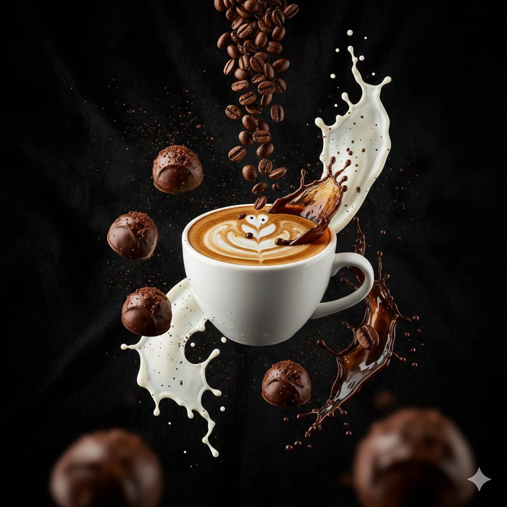 Mid-air coffee chocolate explosion: GPT Image 2 prompt