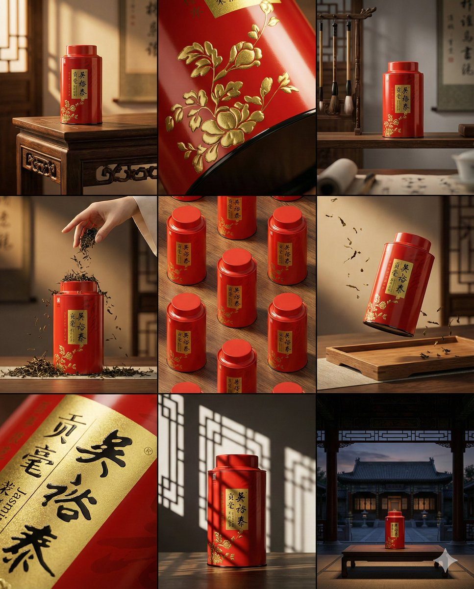 Red tea tin 3x3 grid: GPT Image 2 prompt
