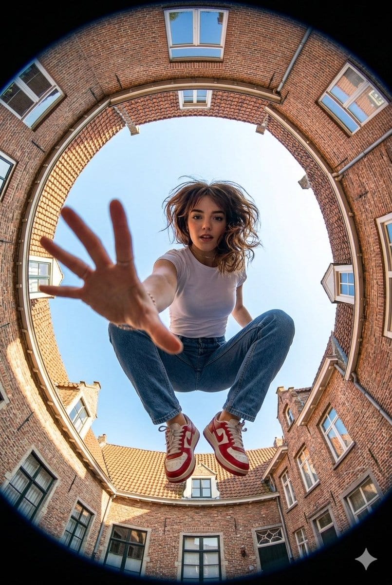 Fisheye crouching girl: GPT Image 2 prompt