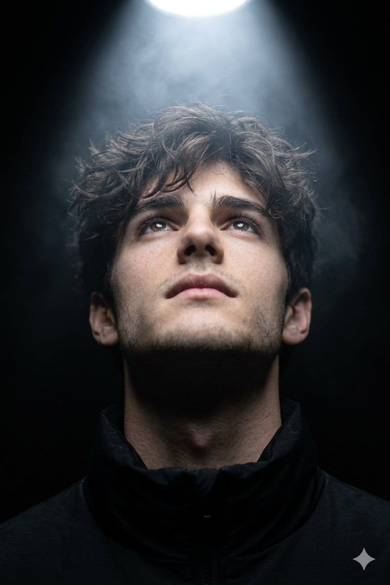 Spotlight upward gaze portrait: GPT Image 2 prompt