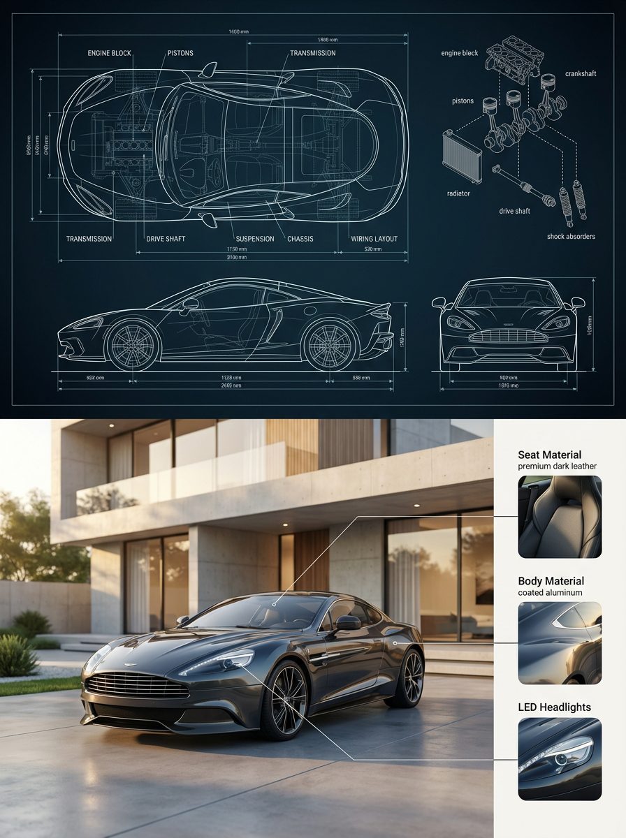 Split blueprint car render: GPT Image 2 prompt