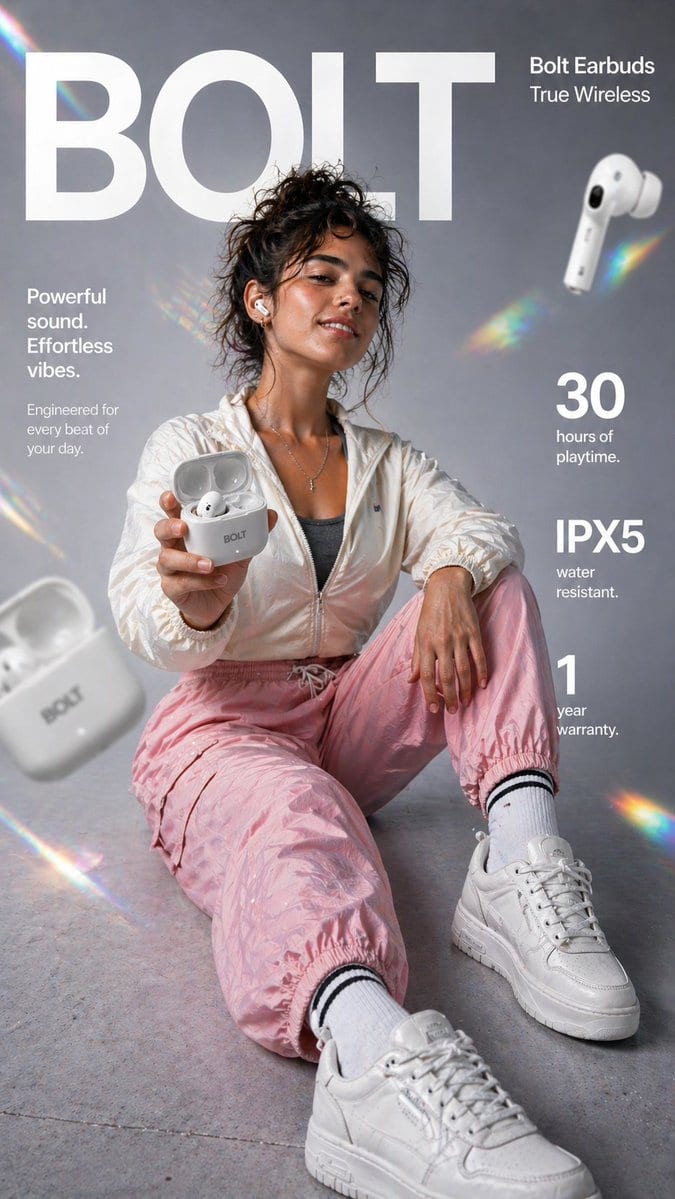 Bolt earbuds 9:16 product ad: GPT Image 2 prompt