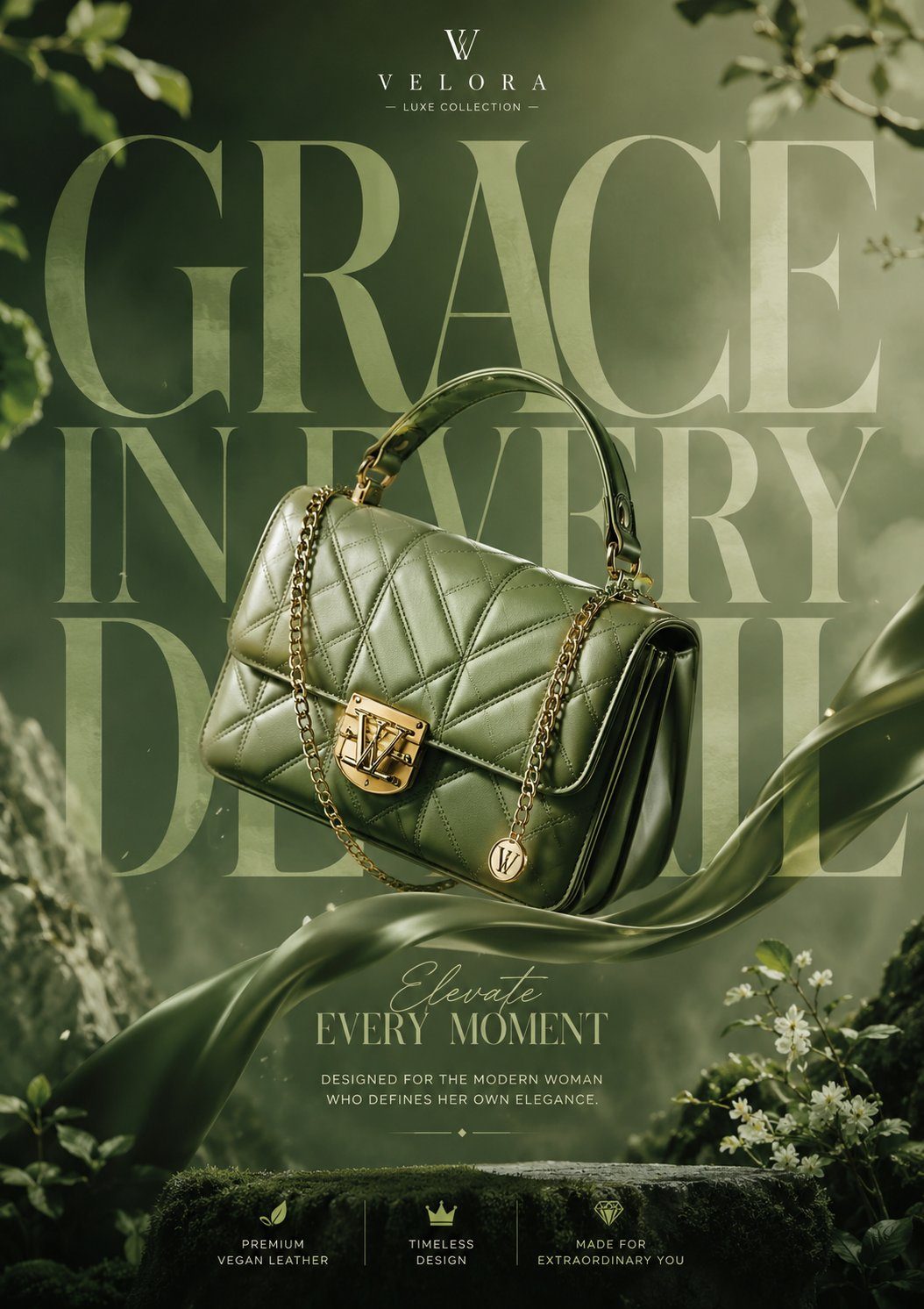 Floating green luxury handbag ad poster: GPT Image 2 prompt