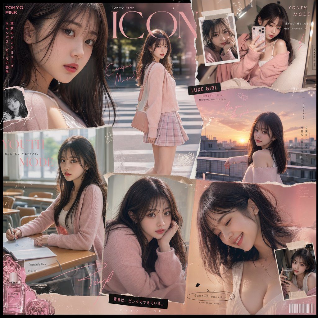 Japanese college girl fashion collage Tokyo Pink: GPT Image 2 prompt