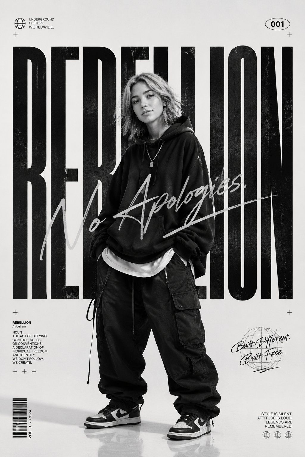 Monochrome streetwear editorial poster portrait: GPT Image 2 prompt