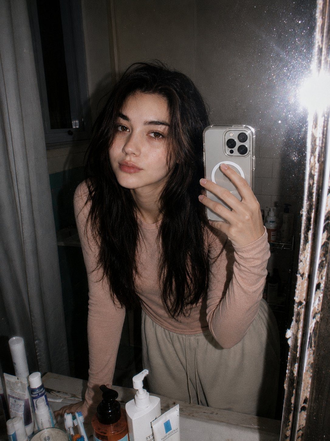Disposable-flash bathroom mirror selfie portrait: GPT Image 2 prompt