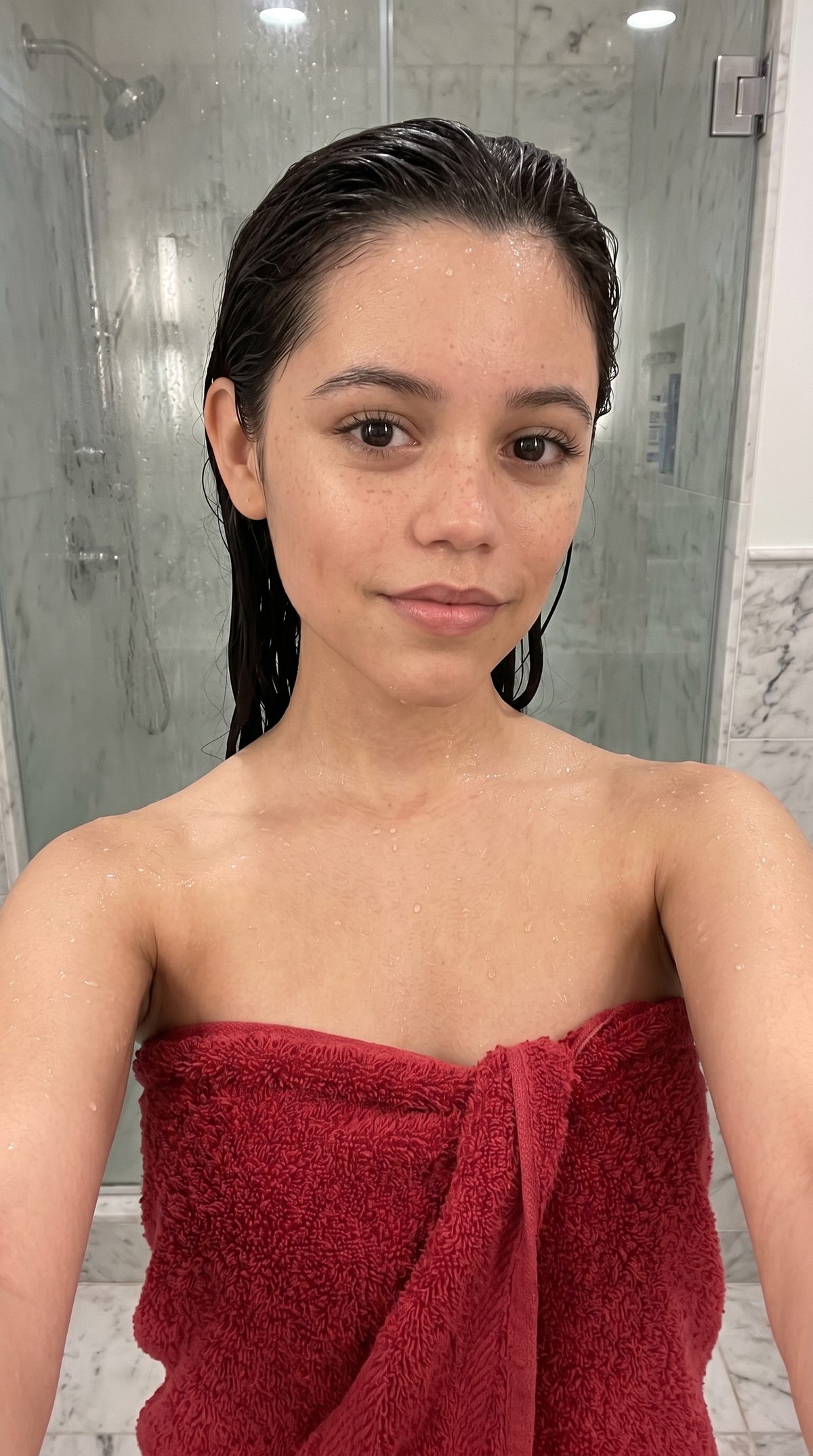 Wet-skin post-shower towel selfie: GPT Image 2 prompt