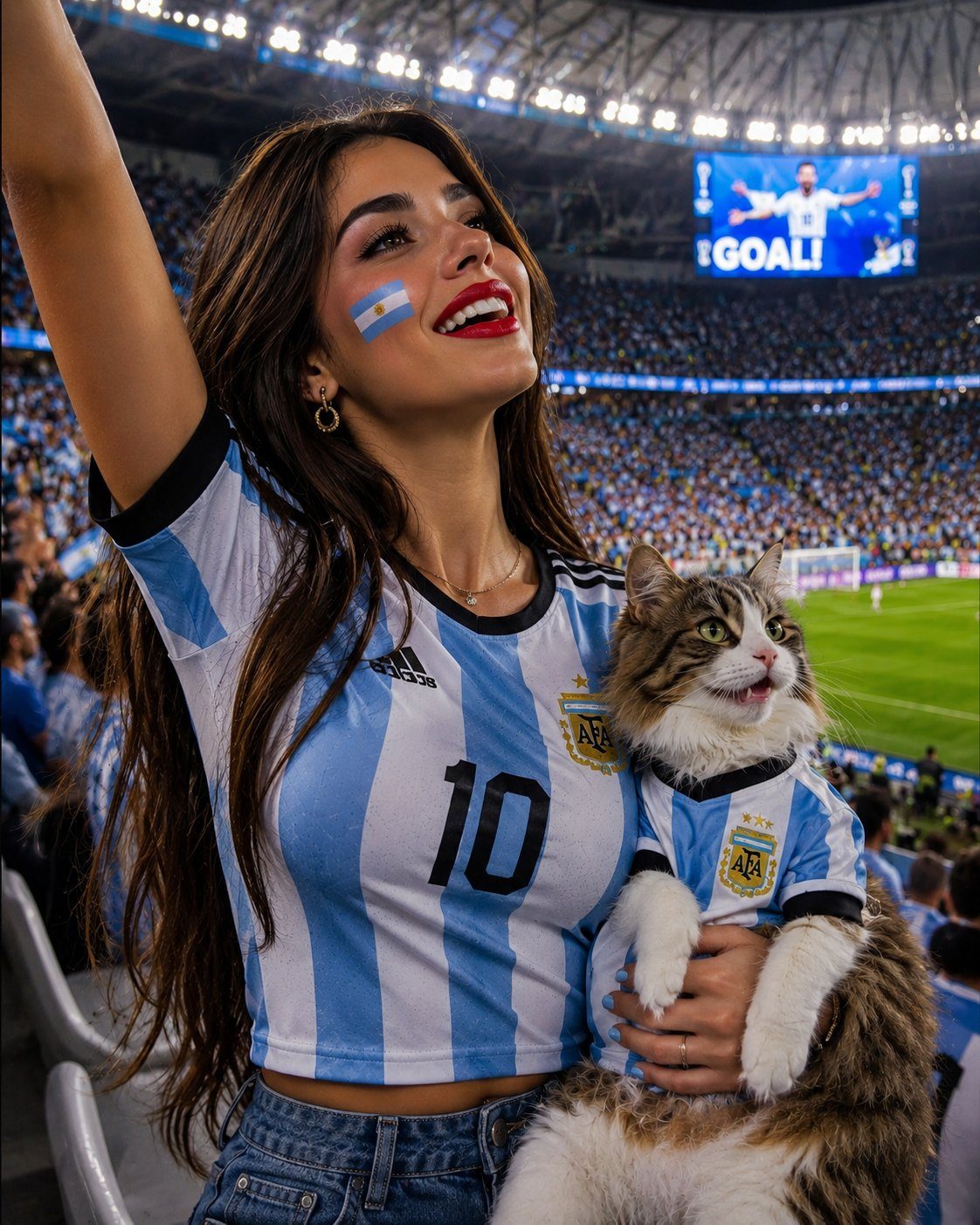 World Cup stadium fan girl with cat: GPT Image 2 prompt