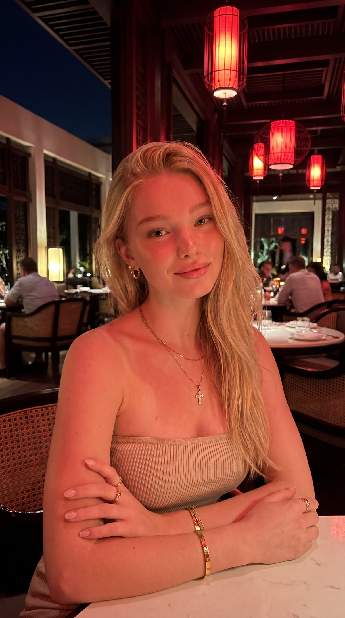 Luxury restaurant blonde dining portrait: GPT Image 2 prompt
