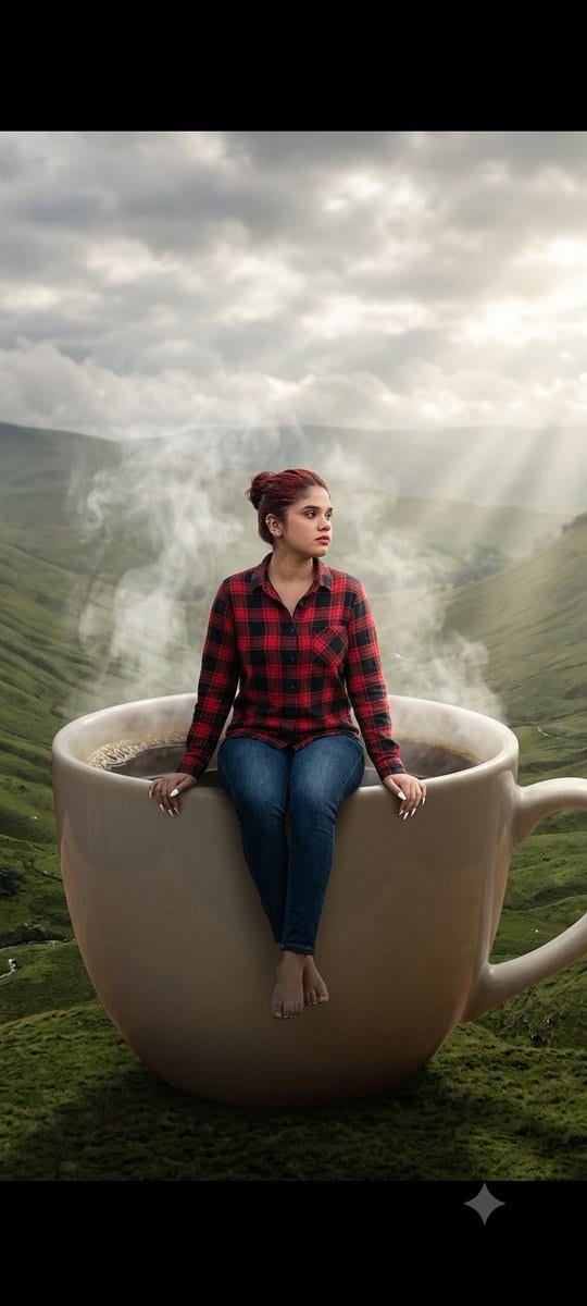 Giant coffee mug surreal scene: GPT Image 2 prompt