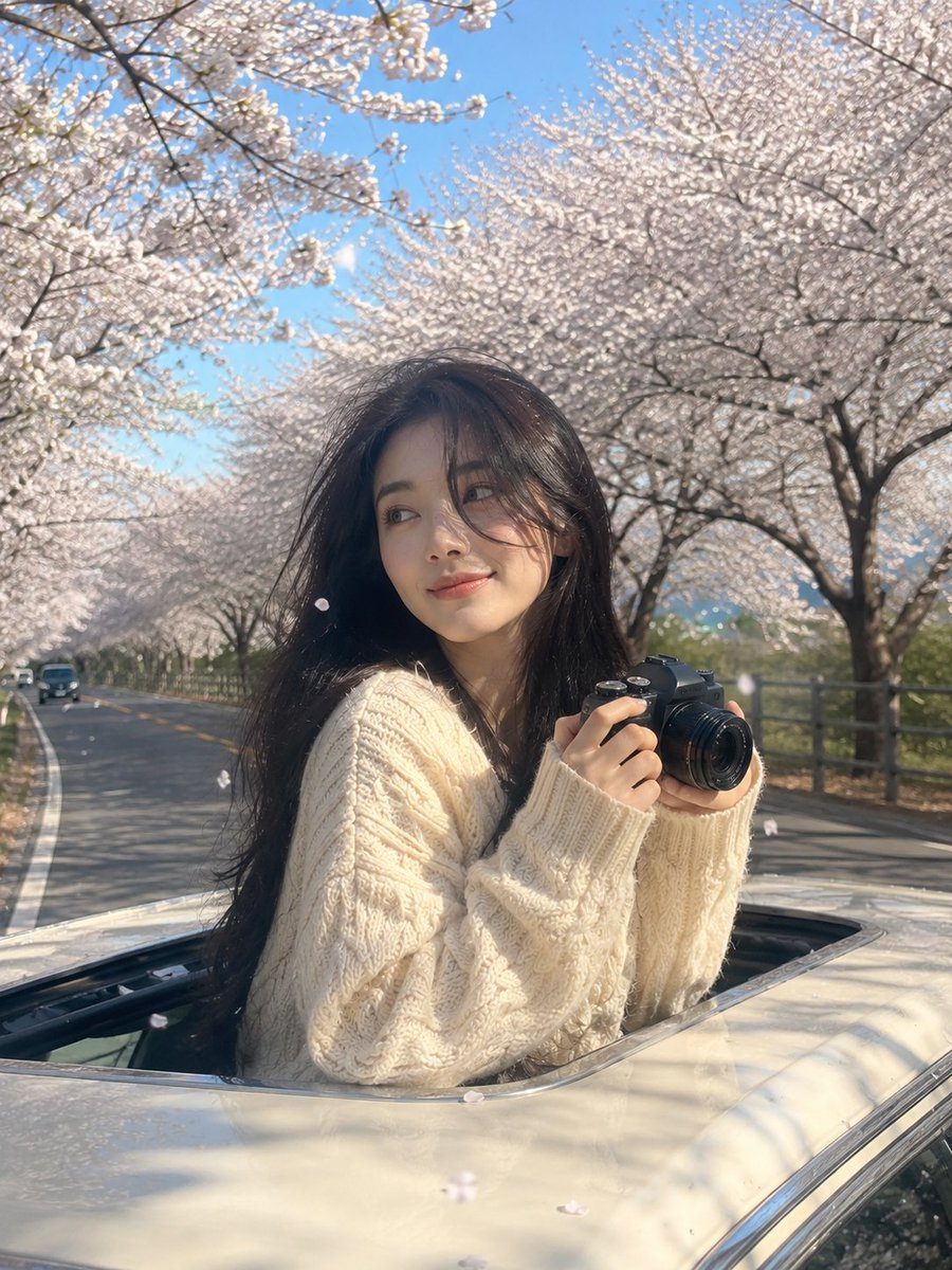 Cherry blossom road trip portrait: GPT Image 2 prompt