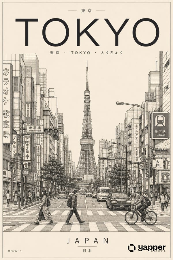 Minimalist Tokyo travel poster line art: GPT Image 2 prompt