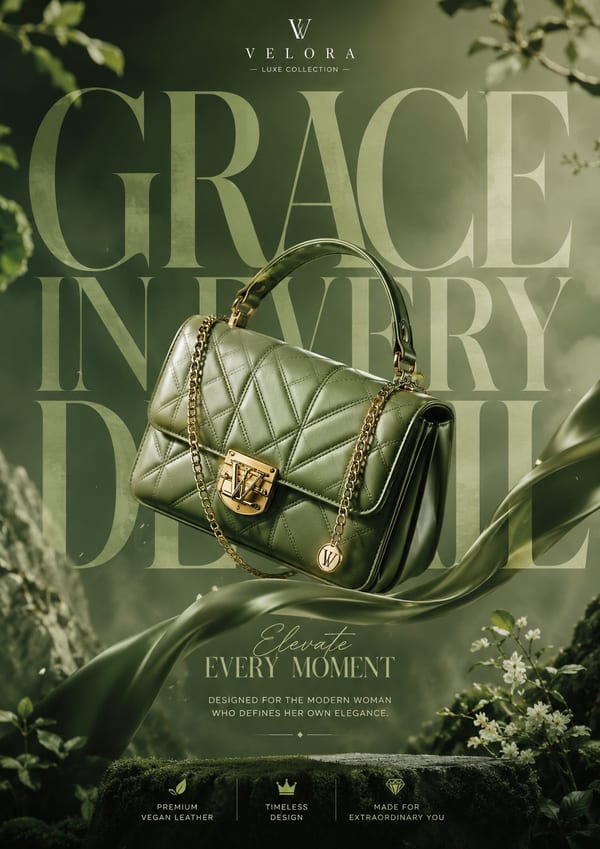 Floating green luxury handbag ad poster: GPT Image 2 prompt