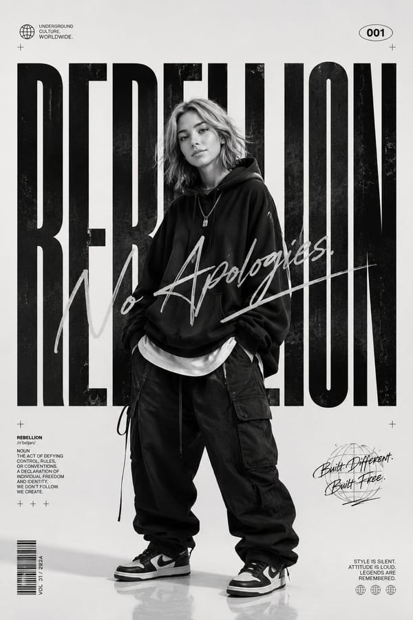 Monochrome streetwear editorial poster portrait: GPT Image 2 prompt