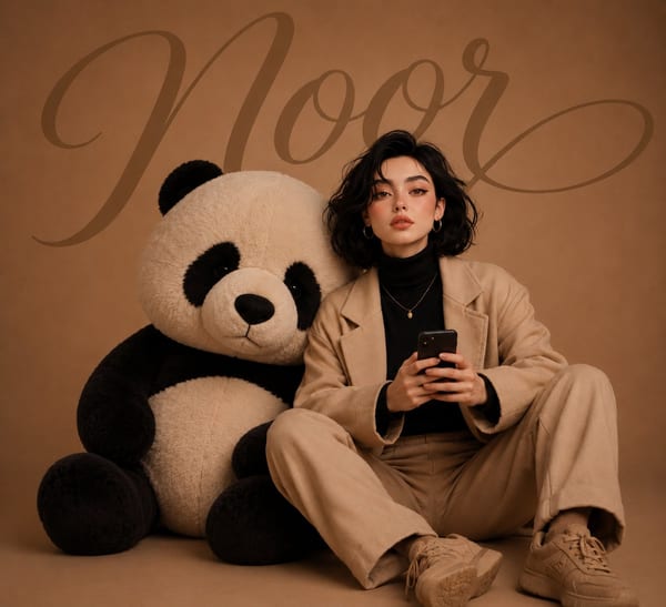 Luxury editorial portrait with oversized panda plush: GPT Image 2 prompt