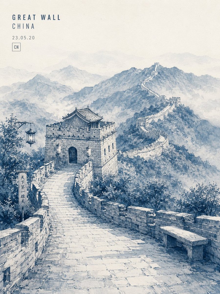 Great Wall watercolor sketchbook travel poster: Bonsai Image sample - alternate sketch