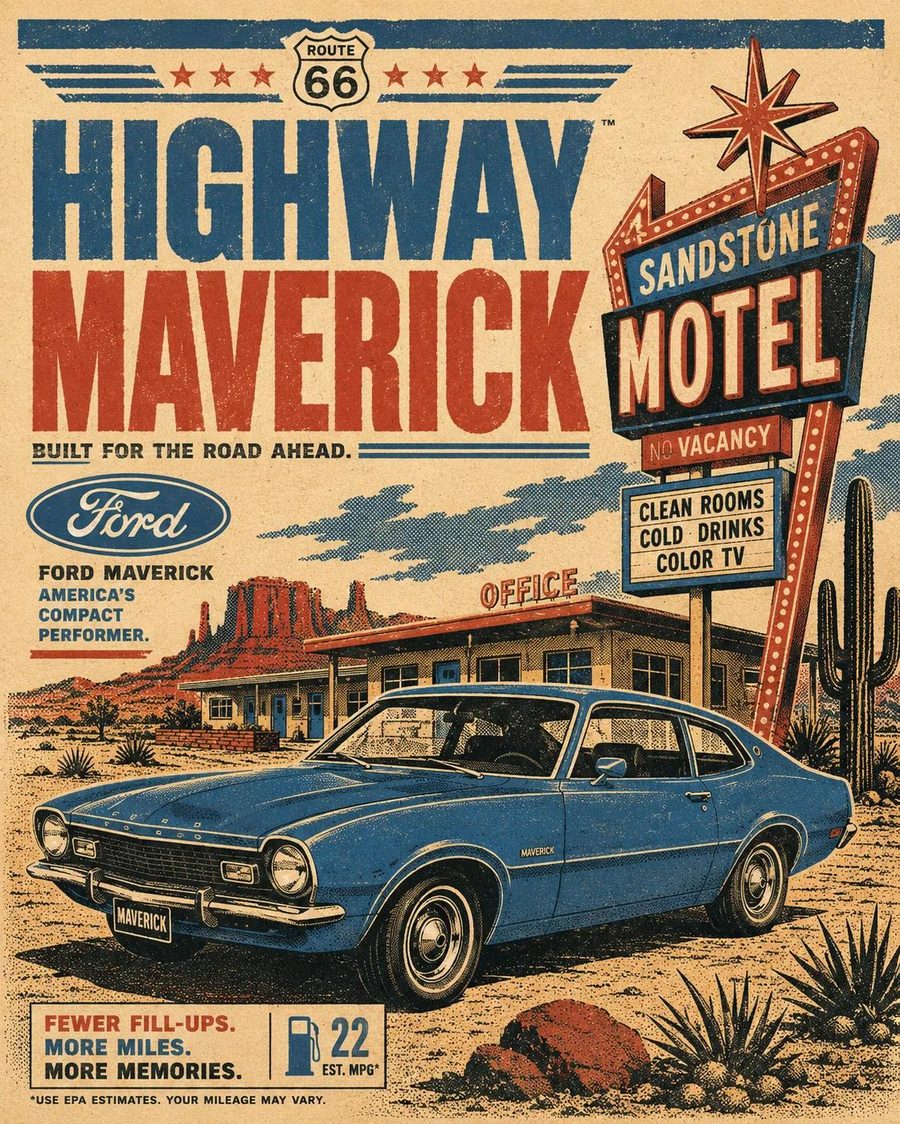 Retro 1970s silkscreen automotive travel poster: Bonsai Image sample